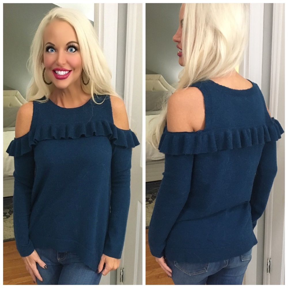 ❤️LAST 1! Teal Cold Shoulder Ruffled Sweater - Picture 2 of 2